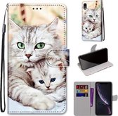 Gekleurde tekening Cross Texture Horizontale Flip PU lederen tas met houder & kaartsleuven & portemonnee & lanyard voor iPhone XR (Big Cat Holding Kitten)