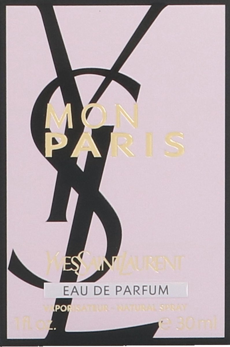 Yves Saint Laurent Mon Paris eau de parfum flesje met zwarte strik en doosje met roze YSL logo.