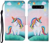 Voor Samsung Galaxy S10 + Gekleurde Tekening Patroon Horizontale Flip Leren Case met Houder & Kaartsleuven & Portemonnee & Lanyard (Regenboog Eenhoorn)