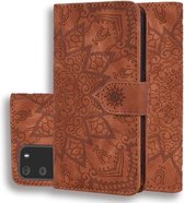 Reliëf Zonnebloempatroon Horizontale Flip PU lederen tas met houder & kaartsleuven & portemonnee & lanyard (bruin)