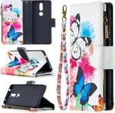 Voor Nokia 2.4 Gekleurde Tekening Patroon Rits Horizontale Flip Leren Case met Houder & Kaartsleuven & Portemonnee (Twee Vlinders)