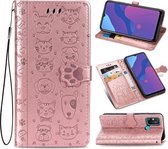 Voor Huawei Honor Play 9A Mooie Kat en Hond Embossing Patroon Horizontale Flip Leren Case, met Houder & Kaartsleuven & Portemonnee & Cartoon Sluiting & Lanyard (Rose Goud)