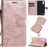 Voor Galaxy A01 3D Vlinders Embossing Patroon Horizontale Flip Leren Case met Houder & Kaartsleuf & Portemonnee & Lanyard (Rose Goud)