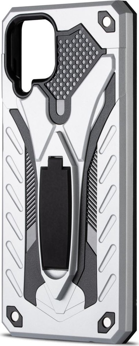 Mobigear Hoesje geschikt voor Samsung Galaxy A12 Telefoonhoesje Hardcase | Mobigear Armor Stand Backcover Shockproof met Standaard | Schokbestendig Galaxy A12 Telefoonhoesje | Anti Shock Proof - Zilver