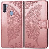 Voor Galaxy A11 Butterfly Love Flower reliëf horizontale flip lederen tas met beugel / kaartsleuf / portemonnee / lanyard (rose goud)