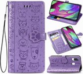 Voor Galaxy A40 schattige kat en hond reliëf horizontale flip lederen tas met beugel / kaartsleuf / portemonnee / lanyard (paars)