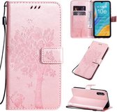 Voor Huawei Enjoy 10e Tree & Cat Pattern Pressed Printing Horizontale Flip PU Leather Case met Houder & Kaartsleuven & Portemonnee & Lanyard (Rose Gold)