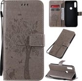 Voor Motorola Moto E7 Tree & Cat Pattern Pressed Printing Horizontale Flip PU Leather Case met houder & kaartsleuven & portemonnee & Lanyard (grijs)