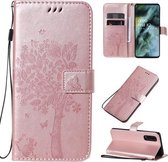 Voor OPPO Find X2 Tree & Cat Pattern Pressed Printing Horizontale Flip PU Leather Case met houder & kaartsleuven & portemonnee & Lanyard (Rose Gold)