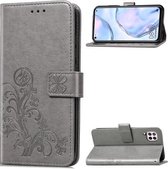 Voor Huawei P40 Lite / Nova 6 SE / Nova 7i vierbladige gesp reliëf gesp PU lederen tas met lanyard & kaartsleuf & portemonnee & houder (grijs)