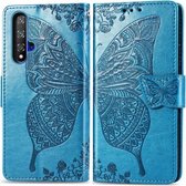 Butterfly Love Flowers Embossing Horizontale Flip Leather Case Voor Huawei Honor 20 met Houder & Kaartsleuven & Portemonnee & Lanyard (Blauw)