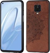 Voor Xiaomi Redmi Note 9S / Note 9 Pro / Note 9 Pro Mandala reliëf stoffen hoes PC + TPU mobiele telefoonhoes met magnetische functie en draagriem (bruin)