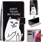 Voor Samsung Galaxy S21 5G Gekleurde Tekening Cross Textuur Horizontale Flip PU Lederen Case met Houder & Kaartsleuven & Portemonnee & Lanyard (Middelvinger Witte Kat)