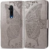 Voor One Plus 7T Pro Butterfly Love Flower reliëf horizontale flip lederen tas met beugel lanyard kaartsleuf portemonnee (grijs)