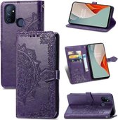 Voor OnePlus Nord N100 Mandala bloem reliëf horizontaal flip lederen hoesje met houder & drie kaartsleuven & portemonnee & lanyard (paars)