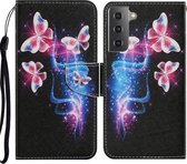 Voor Samsung Galaxy S21 5G Gekleurd tekeningpatroon Horizontaal Flip PU-lederen hoes met houder & kaartsleuven & portemonnee & lanyard (drie fluorescerende vlinders)