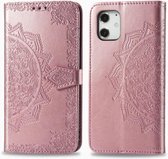 Voor iPhone 12 mini Halverwege Mandala Embossing Patroon Horizontale Flip Leren Case met Houder & Kaartsleuven & Portemonnee & Lanyard (Rose Goud)