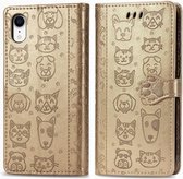 Voor iPhone XR schattige kat en hond reliëf horizontale flip PU lederen tas met houder / kaartsleuf / portemonnee / lanyard (goud)