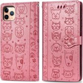 Voor iPhone 11 Pro Max Leuke Kat en Hond Reliëf Horizontale Flip PU Leren Case met Houder / Kaartsleuf / Portemonnee / Lanyard (Roze)