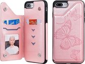 Voor iPhone 8 Plus & 7 Plus Butterfly Embossing Pattern Schokbestendige beschermhoes met houder & kaartsleuven en fotolijst (roségoud)