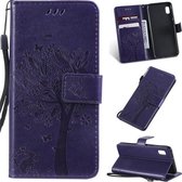 Tree & Cat Pattern Pressed Printing Horizontale Flip PU lederen tas met houder & kaartsleuven & portemonnee & lanyard voor Galaxy A10e (paars)