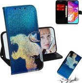 Gekleurd tekenpatroon Kleurrijke magnetische gesp Horizontale flip PU lederen tas met houder & kaartsleuven & portemonnee & lanyard voor Galaxy A70 (kat en luipaard)