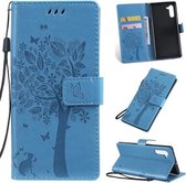 Tree & Cat Pattern Pressed Printing Horizontale Flip PU lederen tas met houder & kaartsleuven & portemonnee & lanyard voor Galaxy Note10 (blauw)