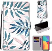 Voor Alcatel 1S (2021) Gekleurde Tekening Cross Textuur Horizontale Flip PU Leren Case met Houder & Kaartsleuven & Portemonnee & Lanyard (Roze Groen Blad)