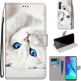 Voor Motorola Moto G Stylus (2020) Gekleurde tekening Cross Texture Horizontale Flip PU lederen tas met houder & kaartsleuven & portemonnee & lanyard (White Kitten)