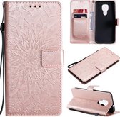 Voor Motorola Moto G9 Play Pressed Printing Zonnebloempatroon Horizontale Flip PU-lederen hoes met houder & kaartsleuven & portemonnee & lanyard (roségoud)