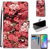 Voor Huawei Y6p Gekleurde Tekening Cross Textuur Horizontale Flip PU Lederen Case met Houder & Kaartsleuven & Portemonnee & Lanyard (Roze Rozentuin)