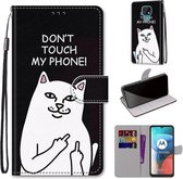 Voor Motorola Moto E7 Gekleurde Tekening Cross Textuur Horizontale Flip PU Lederen Case met Houder & Kaartsleuven & Portemonnee & Lanyard (Middelvinger Witte Kat)