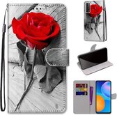 Voor Huawei P smart 2021 / Y7a Gekleurde Tekening Cross Textuur Horizontale Flip PU Lederen Case met Houder & Kaartsleuven & Portemonnee & Lanyard (Hout Rode Roos)