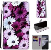 Voor Nokia 2.4 Gekleurde tekening Cross Texture Horizontale Flip PU lederen tas met houder & kaartsleuven & portemonnee & lanyard (Chrysanthemum Pink White Purple)