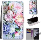 Voor Nokia 2.4 Gekleurde Tekening Cross Textuur Horizontale Flip PU Lederen Case met Houder & Kaartsleuven & Portemonnee & Lanyard (Lichtroze Boeket)