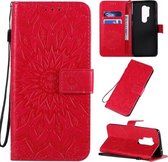 Voor OnePlus 8 Pro Geperst Afdrukken Zonnebloempatroon Horizontaal Flip PU-lederen hoes met houder & kaartsleuven & portemonnee & lanyard (rood)