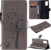 Voor Xiaomi Redmi Note 9 4G Tree & Cat Pattern Pressed Printing Horizontale Flip PU lederen tas met houder & kaartsleuven & portemonnee & lanyard (grijs)