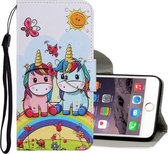 Gekleurde tekening patroon horizontaal Flip PU lederen tas met houder & kaartsleuven & portemonnee & lanyard voor iPhone 8 & 7 (paar eenhoorn)