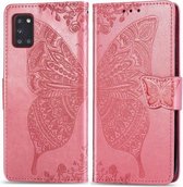 Voor Galaxy A31 Butterfly Love Flower reliëf horizontale flip lederen tas met beugel / kaartsleuf / portemonnee / lanyard (roze)