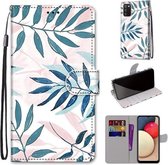 Voor Samsung Galaxy A02s / M02s Gekleurde Tekening Cross Textuur Horizontale Flip PU Lederen Case met Houder & Kaartsleuven & Portemonnee & Lanyard (Roze Groen Blad)