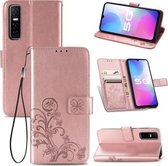 Voor vivo Y73S 5G vierbladige sluiting reliëf gesp mobiele telefoon bescherming lederen tas met lanyard & kaartsleuf & portemonnee & beugel functie (rose goud)