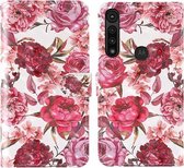 Voor Motorola Moto G8 Play 3D-schilderij Gekleurd tekeningpatroon Horizontaal Flip TPU + PU-lederen hoes met houder & kaartsleuven & portemonnee & lanyard (kleine rode bloem)