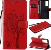 Voor Huawei Maimang 9 Boom & Kat Patroon Geperst Afdrukken Horizontale Flip PU Lederen Case met Houder & Kaartsleuven & Portemonnee & Lanyard (Rood)