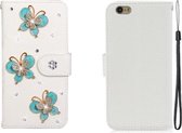 Voor iPhone 6 / iPhone 6s horizontale flip effen kleur strass lederen tas met kaartsleuf & portemonnee & houder (drie vlinders)
