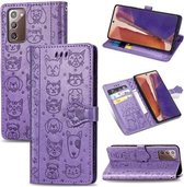 Voor Samsung Galaxy Note20 Leuke Kat en Hond Reliëf Horizontale Flip Leren Case met Beugel / Kaartsleuf / Portemonnee / Lanyard (Paars)