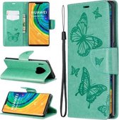 Voor Huawei Mate 30 Pro Twee Vlinders Reliëfpatroon Horizontale Flip Leren Hoes met Houder & Kaartsleuf & Portemonnee & Lanyard (Groen)