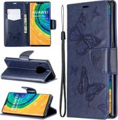 Voor Huawei Mate 30 Pro Twee vlinders reliëfpatroon horizontaal Flip lederen hoesje met houder & kaartsleuf & portemonnee & lanyard (donkerblauw)