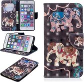 Horizontaal leren flip-hoesje met 3D-gekleurde tekeningpatroon voor iPhone 6 Plus en 6s Plus, met houder en kaartsleuven en portemonnee (twee olifanten)