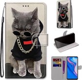 Voor Huawei P smart Z / Y9 Prime Gekleurde tekening Cross Texture Horizontale Flip PU lederen hoes met houder & kaartsleuven & portemonnee & lanyard (B09 Golden Chain Grey Cat)