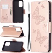 Voor Samsung Galaxy A72 5G Embossing Twee Vlinders Patroon Horizontale Flip PU Lederen Case met Houder & Kaartsleuf & Portemonnee & Lanyard (Rose Goud)